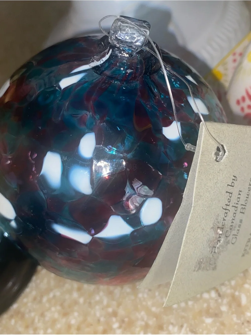 Handblown Glass Decorative Sphere in Teal and Burgundy by “Canadian Glass Blower